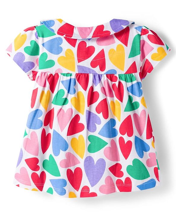 Babyhug Cotton Knit Half Sleeves Front Open Co-ords Top & Short Night Suit with Heart Print - Multicolor