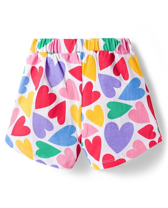 Babyhug Cotton Knit Half Sleeves Front Open Co-ords Top & Short Night Suit with Heart Print - Multicolor