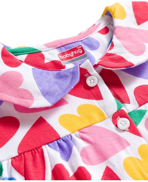 Babyhug Cotton Knit Half Sleeves Front Open Co-ords Top & Short Night Suit with Heart Print - Multicolor