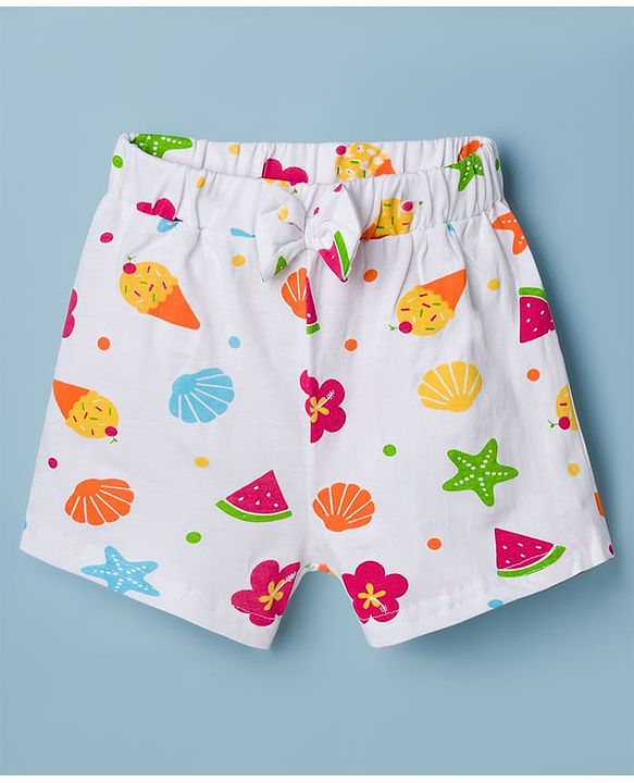 Babyhug Cotton Knit Half Sleeves Top & Shorts Co-ord Night Suit with Fruit Print - White
