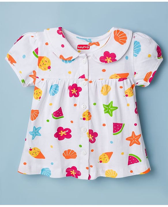 Babyhug Cotton Knit Half Sleeves Top & Shorts Co-ord Night Suit with Fruit Print - White