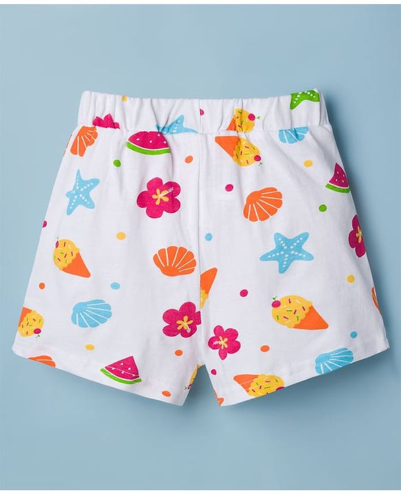 Babyhug Cotton Knit Half Sleeves Top & Shorts Co-ord Night Suit with Fruit Print - White