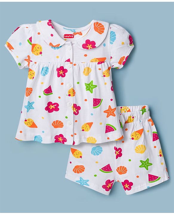 Babyhug Cotton Knit Half Sleeves Top & Shorts Co-ord Night Suit with Fruit Print - White