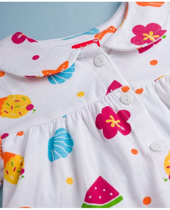 Babyhug Cotton Knit Half Sleeves Top & Shorts Co-ord Night Suit with Fruit Print - White