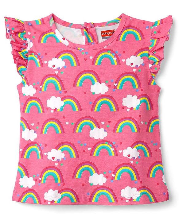 Babyhug Cotton Knit Sleeveless Top & Shorts Co-ord Night Suit with Rainbow Print - Pink