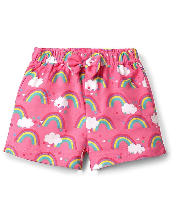Babyhug Cotton Knit Sleeveless Top & Shorts Co-ord Night Suit with Rainbow Print - Pink