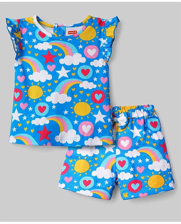 Babyhug Cotton Knit Sleeveless Top & Shorts Co-ord Night Suit with Rainbow Print - Blue