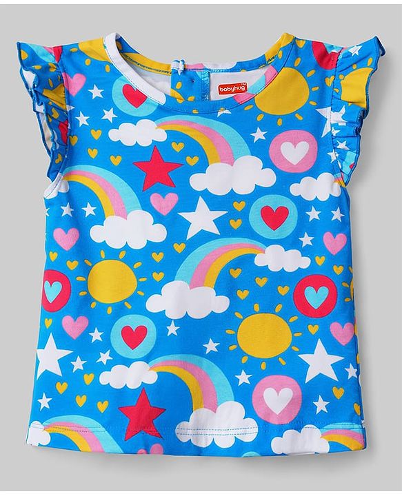 Babyhug Cotton Knit Sleeveless Top & Shorts Co-ord Night Suit with Rainbow Print - Blue