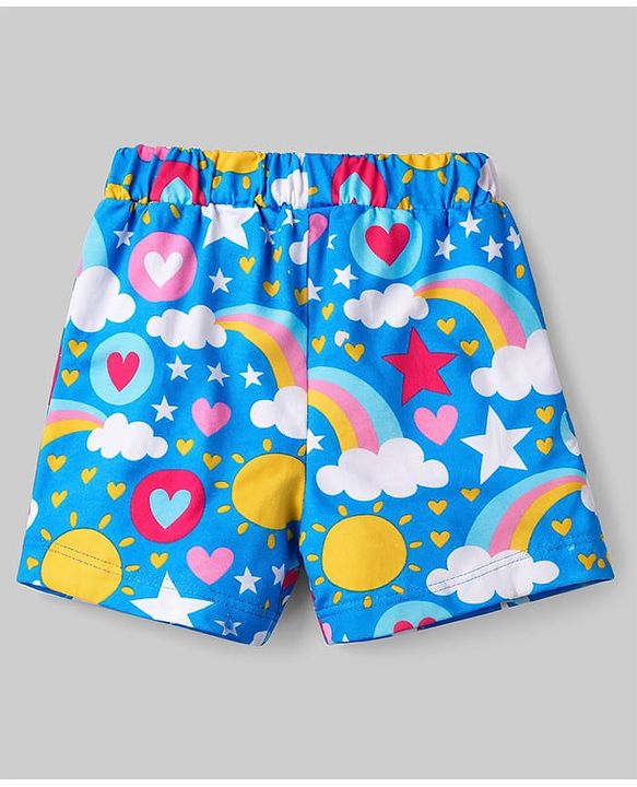 Babyhug Cotton Knit Sleeveless Top & Shorts Co-ord Night Suit with Rainbow Print - Blue