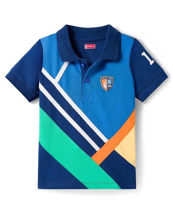 Babyhug Cotton Knit Half Sleeves Polo T-Shirt with Graphics & Nautical Theme Patch -  Navy Green & Coral
