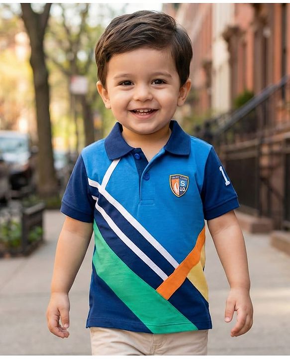 Babyhug Cotton Knit Half Sleeves Polo T-Shirt with Graphics & Nautical Theme Patch -  Navy Green & Coral