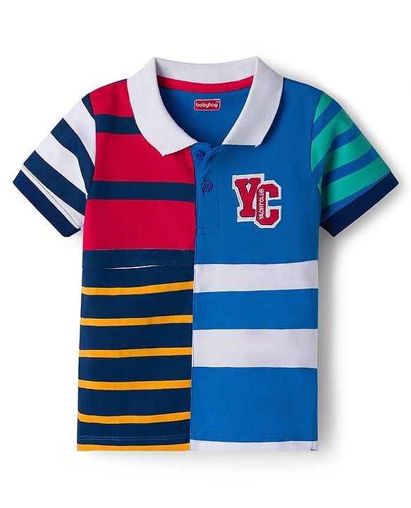Babyhug 100% Cotton Knit Half Sleeves Cut N Sew Striped Polo T-Shirt - Multicolour