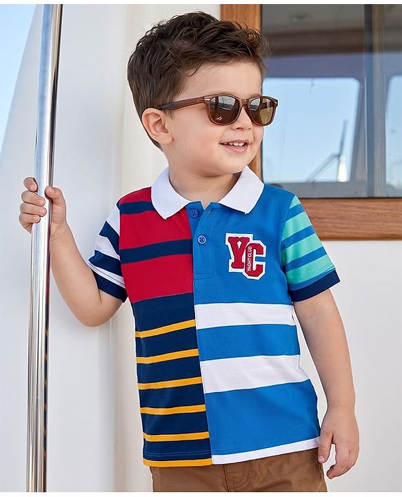 Babyhug 100% Cotton Knit Half Sleeves Cut N Sew Striped Polo T-Shirt - Multicolour