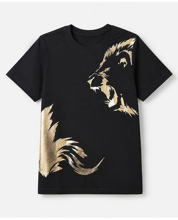 Pine Kids Cotton Knit T-Shirt with Half Sleeves and Lion Print - Black