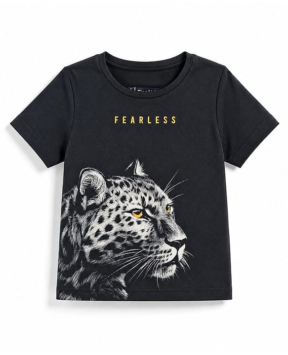Pine Kids 100% Cotton Knit Half Sleeves Cheetah Printed T-Shirt - Black