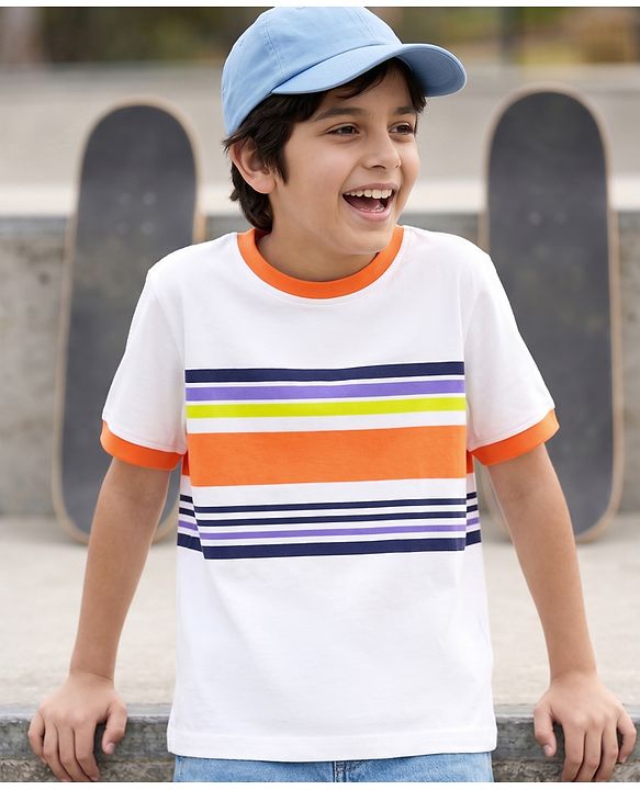 Pine Kids Cotton Knit T-Shirts Striped Round Neck Half Sleeves Snow White 4-5 Years