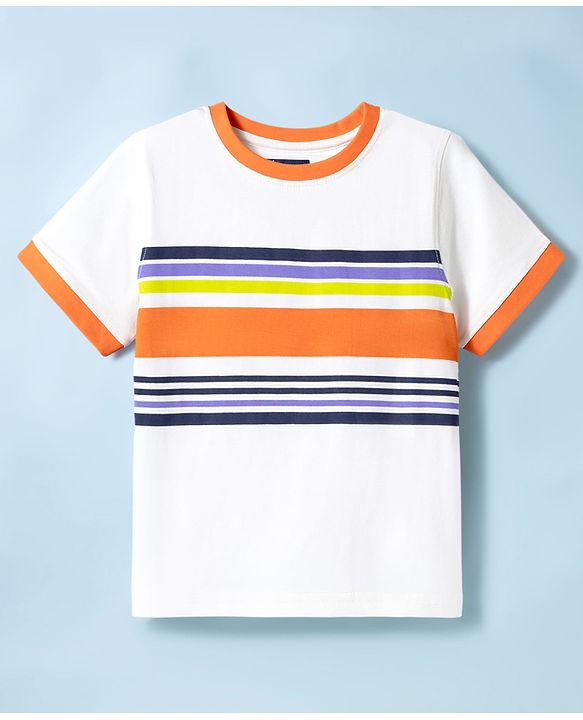Pine Kids Cotton Knit T-Shirts Striped Round Neck Half Sleeves Snow White 4-5 Years