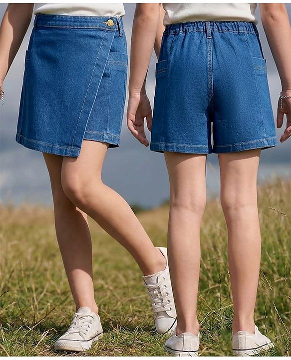 Pine Kids Denim Woven  Washed Above Knee Length Skorts - Blue