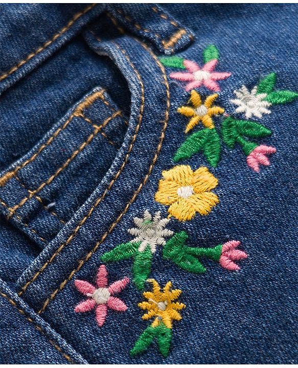 Pine Kids Cotton Elastane Woven Above Knee Length Shorts with Floral Embroidery - Navy Blue
