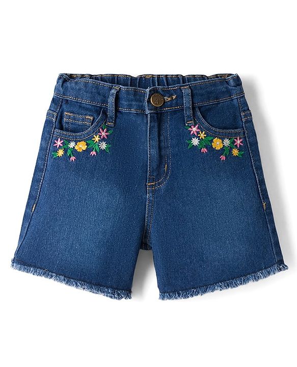 Pine Kids Cotton Elastane Woven Above Knee Length Shorts with Floral Embroidery - Navy Blue