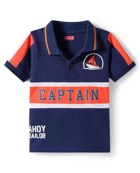 Babyhug Cotton Knit Half Sleeves Cut & Sew Polo T-Shirt with Nautical Theme Print - Navy Blue