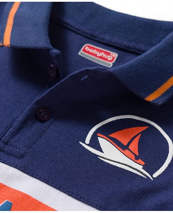 Babyhug Cotton Knit Half Sleeves Cut & Sew Polo T-Shirt with Nautical Theme Print - Navy Blue