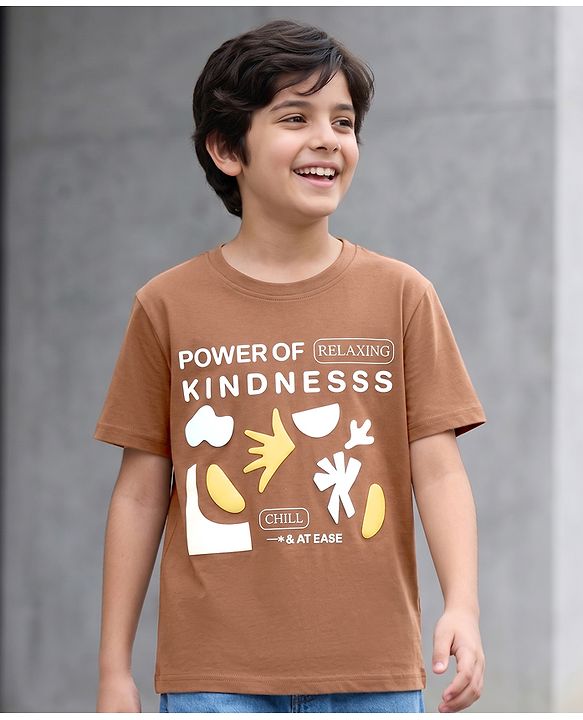 Pine Kids Cotton Knit T-Shirts Graphic Print Round Neck Half Sleeves Cappuccino 4-5 Years