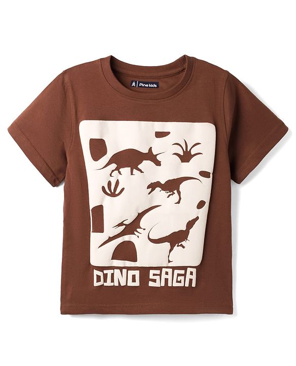 Pine Kids Cotton Knit Half Sleeves T-Shirt With Dino Print - Brown