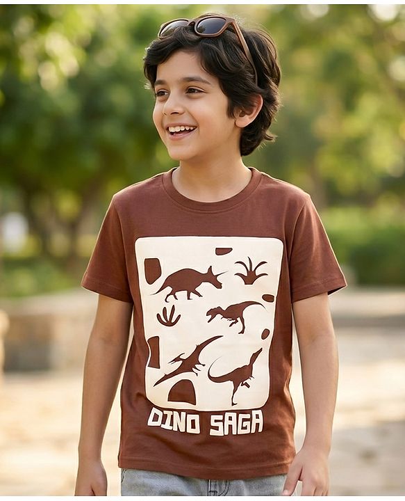Pine Kids Cotton Knit Half Sleeves T-Shirt With Dino Print - Brown