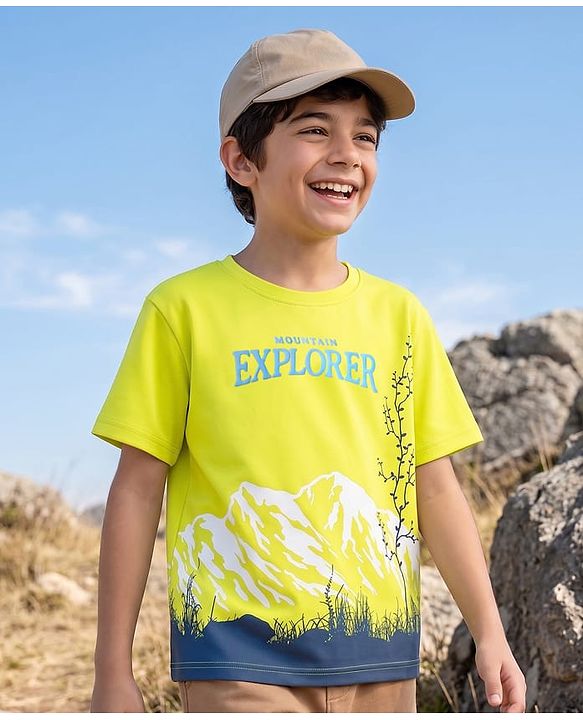 Pine Kids Cotton Knit Half Sleeves T-Shirt With Mountain Print - Limegreen