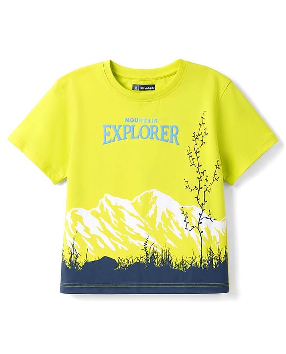 Pine Kids Cotton Knit Half Sleeves T-Shirt With Mountain Print - Limegreen