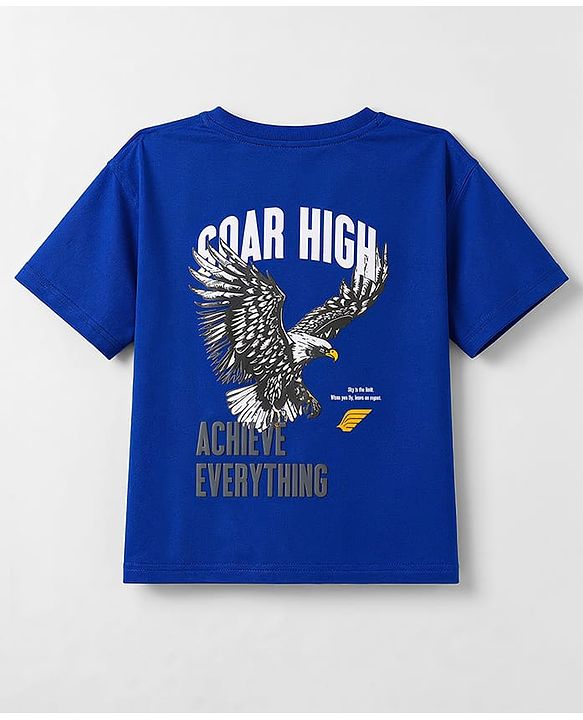 Pine Kids Cotton Knit Half Sleeves T-Shirt with Front & Back Eagle Graphic - Royal Blue