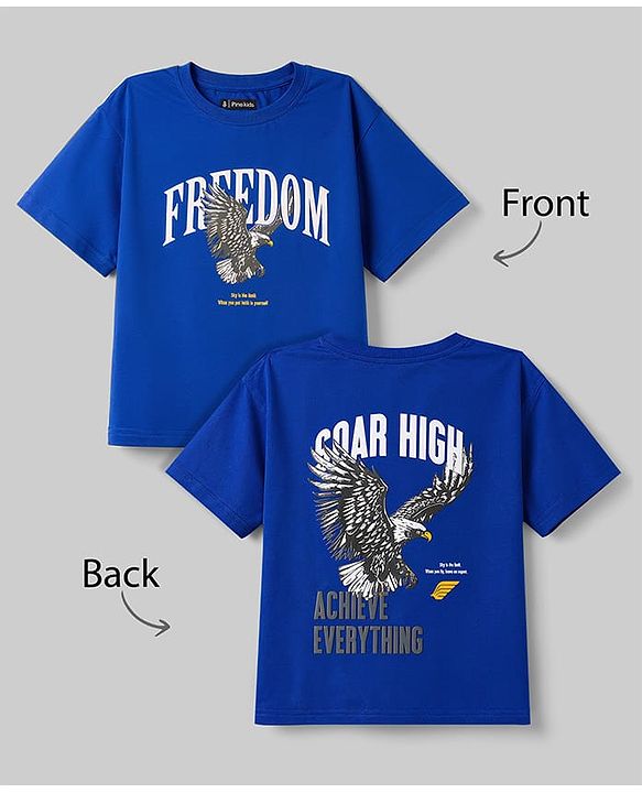 Pine Kids Cotton Knit Half Sleeves T-Shirt with Front & Back Eagle Graphic - Royal Blue