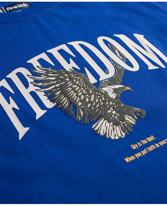 Pine Kids Cotton Knit Half Sleeves T-Shirt with Front & Back Eagle Graphic - Royal Blue
