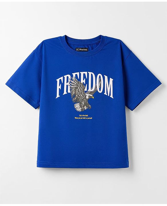 Pine Kids Cotton Knit Half Sleeves T-Shirt with Front & Back Eagle Graphic - Royal Blue