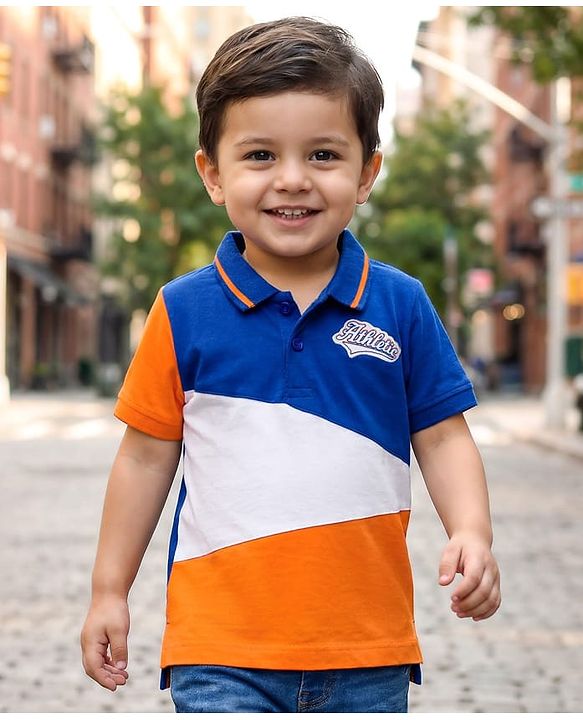 Babyhug Cotton Knit Half Sleeves Polo T-Shirt With Athletic Patch - Multicolor