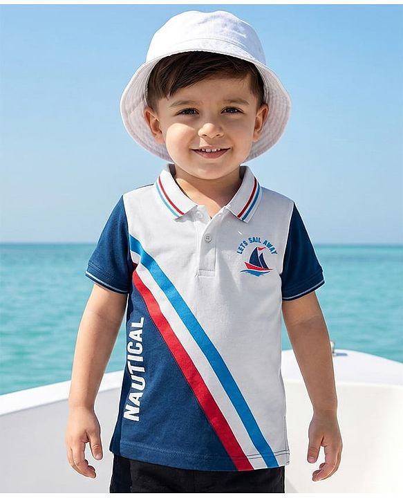 Babyhug Cotton Knit Half Sleeves Cut & Sew Polo T-Shirt with Nautical Theme Print - Multicolor