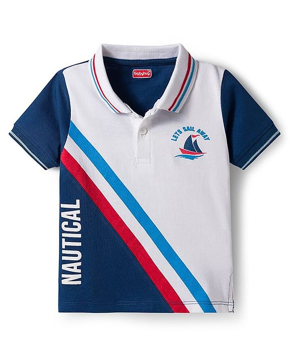 Babyhug Cotton Knit Half Sleeves Cut & Sew Polo T-Shirt with Nautical Theme Print - Multicolor