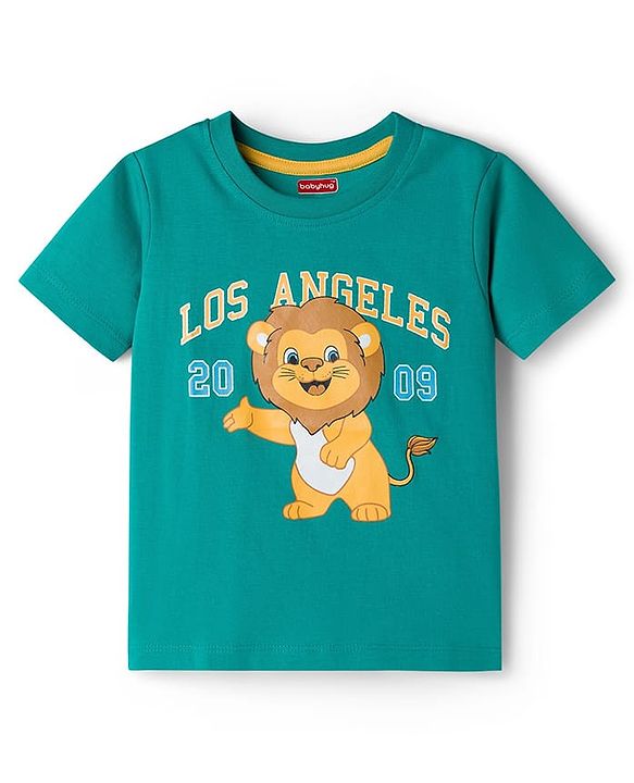 Babyhug Cotton Knit Half Sleeves T-Shirt with Lion Print - Teal Blue