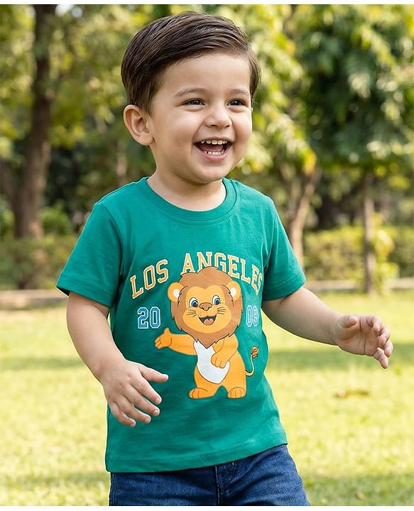 Babyhug Cotton Knit Half Sleeves T-Shirt with Lion Print - Teal Blue