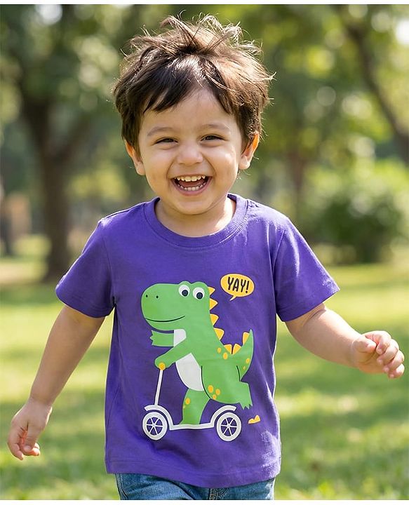 Babyhug Cotton Knit Half Sleeves T-Shirt with Dino Print - Purple