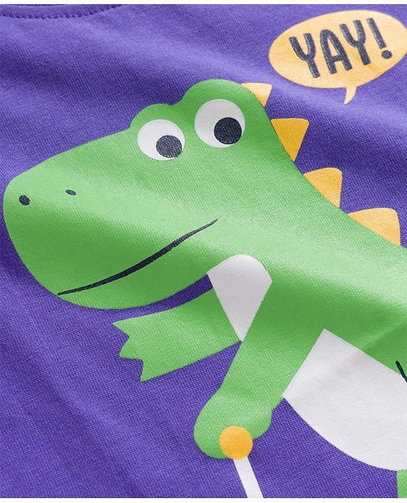 Babyhug Cotton Knit Half Sleeves T-Shirt with Dino Print - Purple