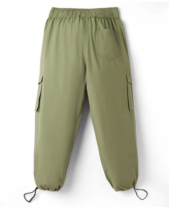 Pine Kids 100% Cotton Woven Full Length Solid Trouser With Cargo Pockets - Olive Green