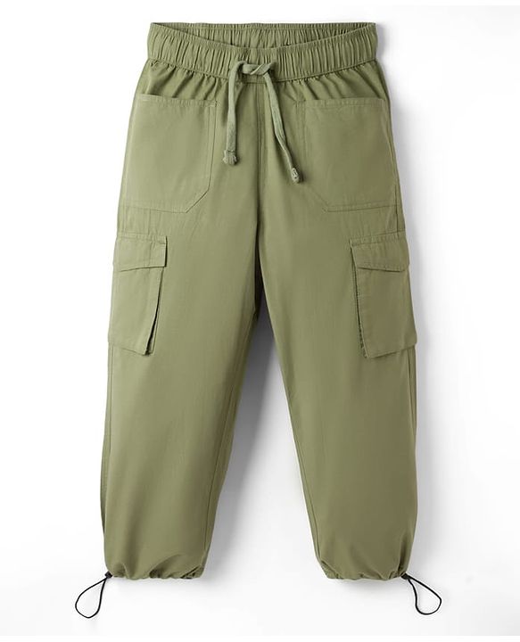 Pine Kids 100% Cotton Woven Full Length Solid Trouser With Cargo Pockets - Olive Green