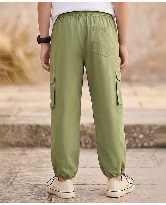 Pine Kids 100% Cotton Woven Full Length Solid Trouser With Cargo Pockets - Olive Green