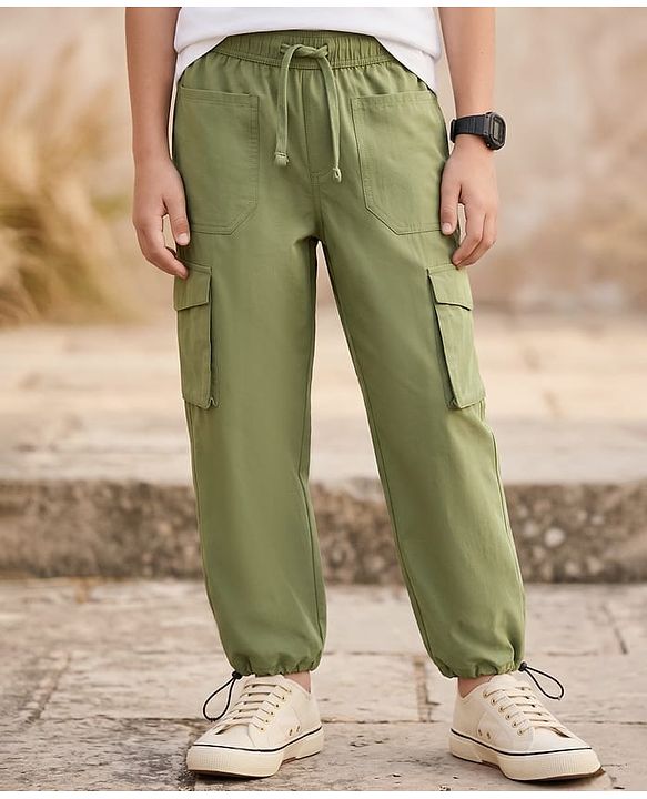 Pine Kids 100% Cotton Woven Full Length Solid Trouser With Cargo Pockets - Olive Green