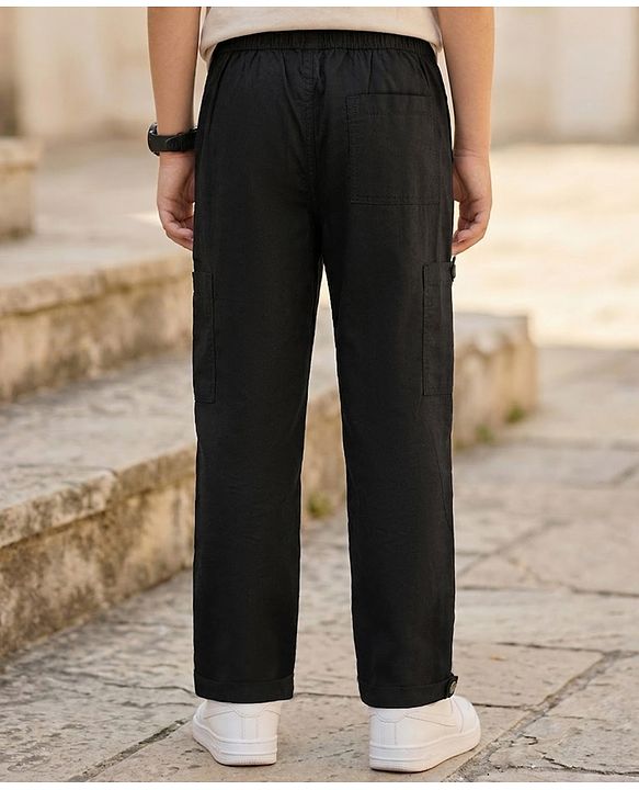 Pine Kids Cotton Woven Solid Full Length Trouser - Black
