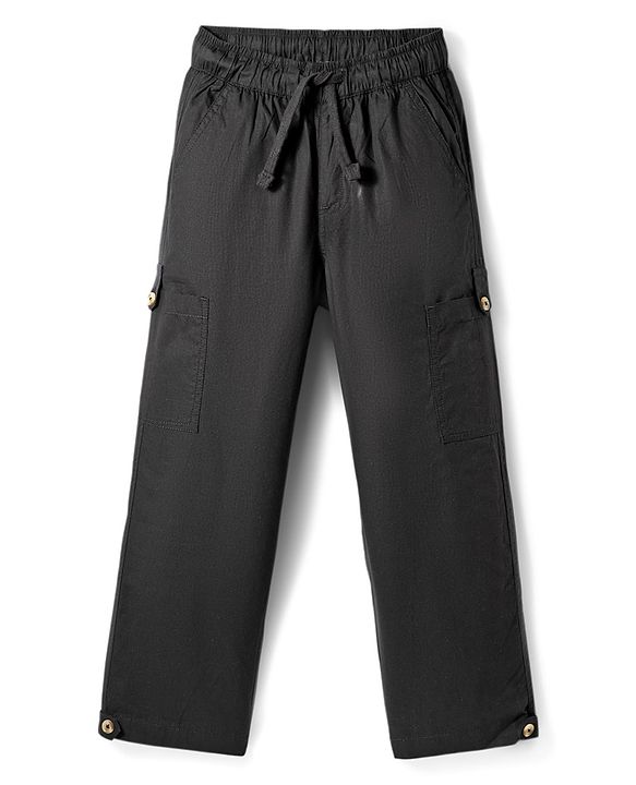 Pine Kids Cotton Woven Solid Full Length Trouser - Black