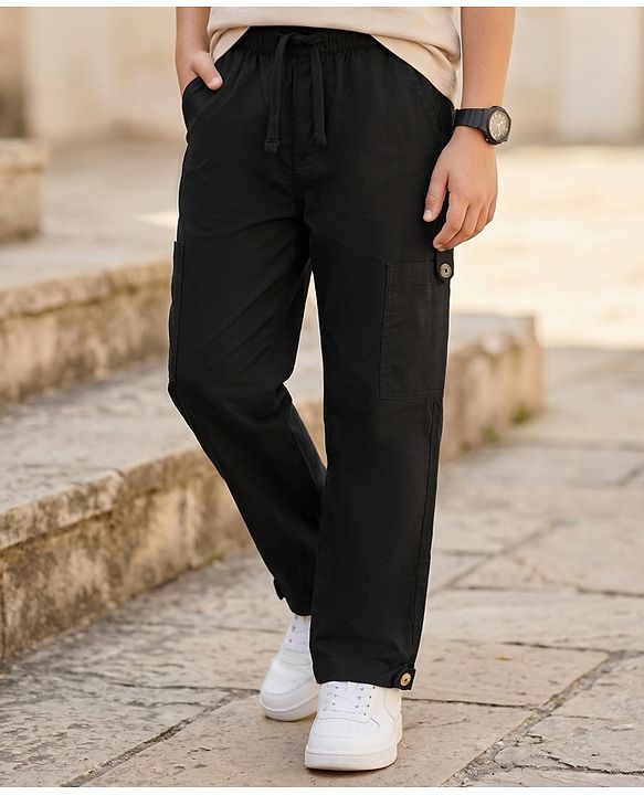 Pine Kids Cotton Woven Solid Full Length Trouser - Black