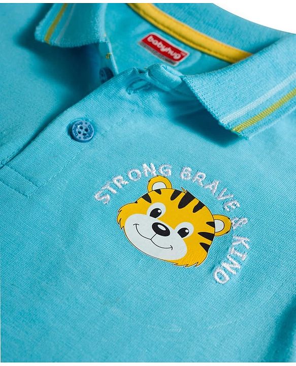 Babyhug 100% Cotton Knit Half Sleeves Polo T-Shirt With Tiger Print - Light Blue & Yellow